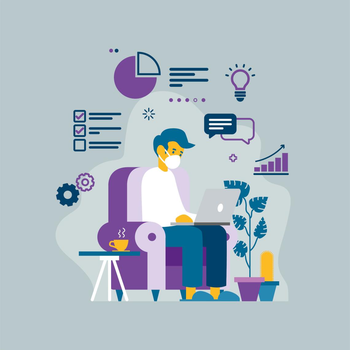 Grafik von Mensch mit Maske und Laptop