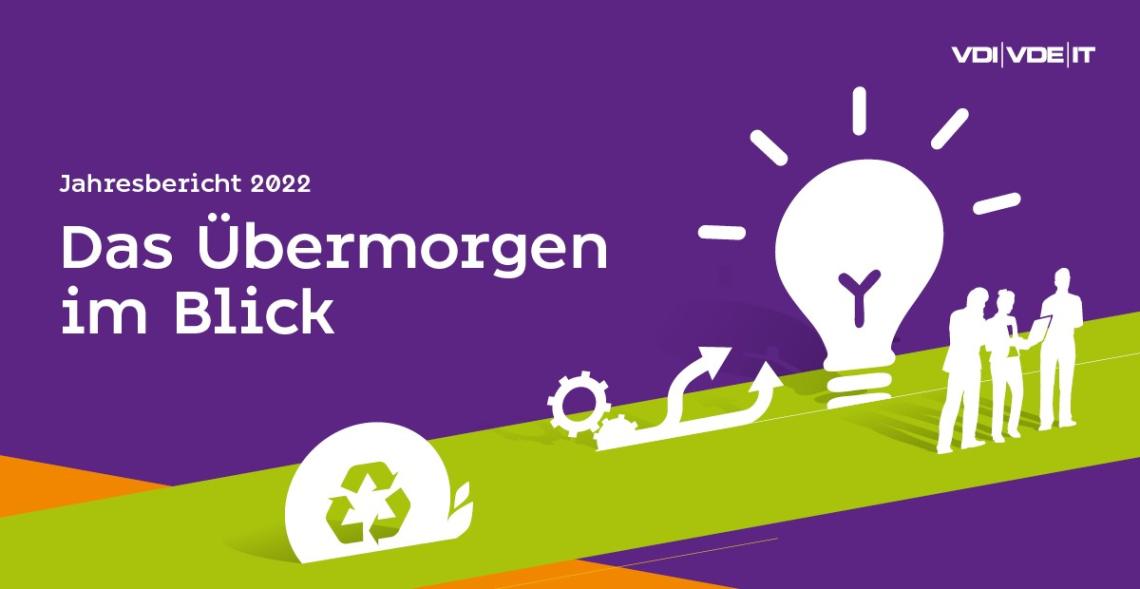 Grafik mit der Überschrift "Das Übermorgen im Blick". Symbole für Nachhaltigkeit und Innovation sind zu sehen.