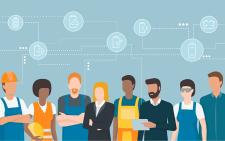 Grafik einer Gruppe von Menschen mit unterschiedlicher Berufskleidung